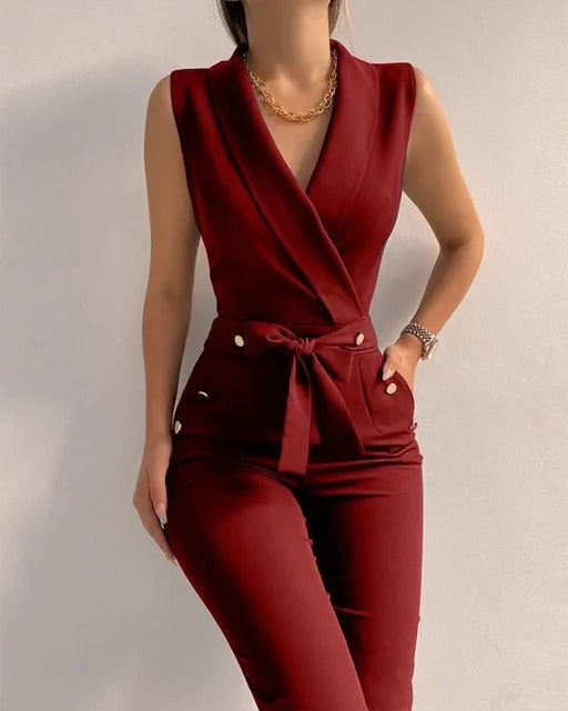 Linda - Mouwloze Jumpsuit Met V-Hals En Vetersluiting