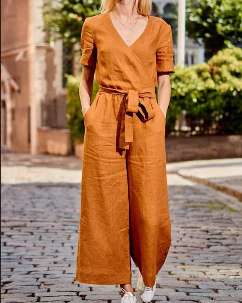 Linda - Jumpsuit Met Riem En Korte Mouwen